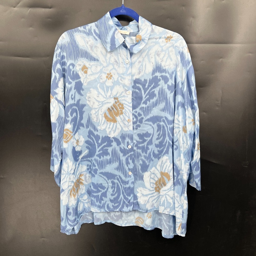 milio milano abstract floral blue button‎ up shirt coastal grandma modern USA M